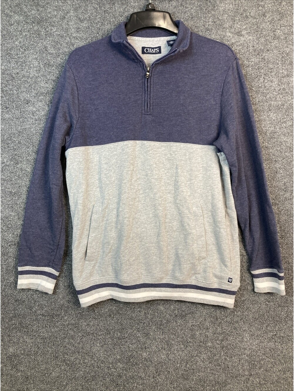 Chaps Mens Size Medium Navy & Gray 1/4 Zip Kangaroo Pocket Pullover Shirt EUC